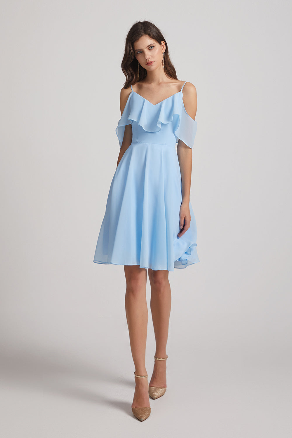 Cold Shoulder Flounce Blue Chiffon ...